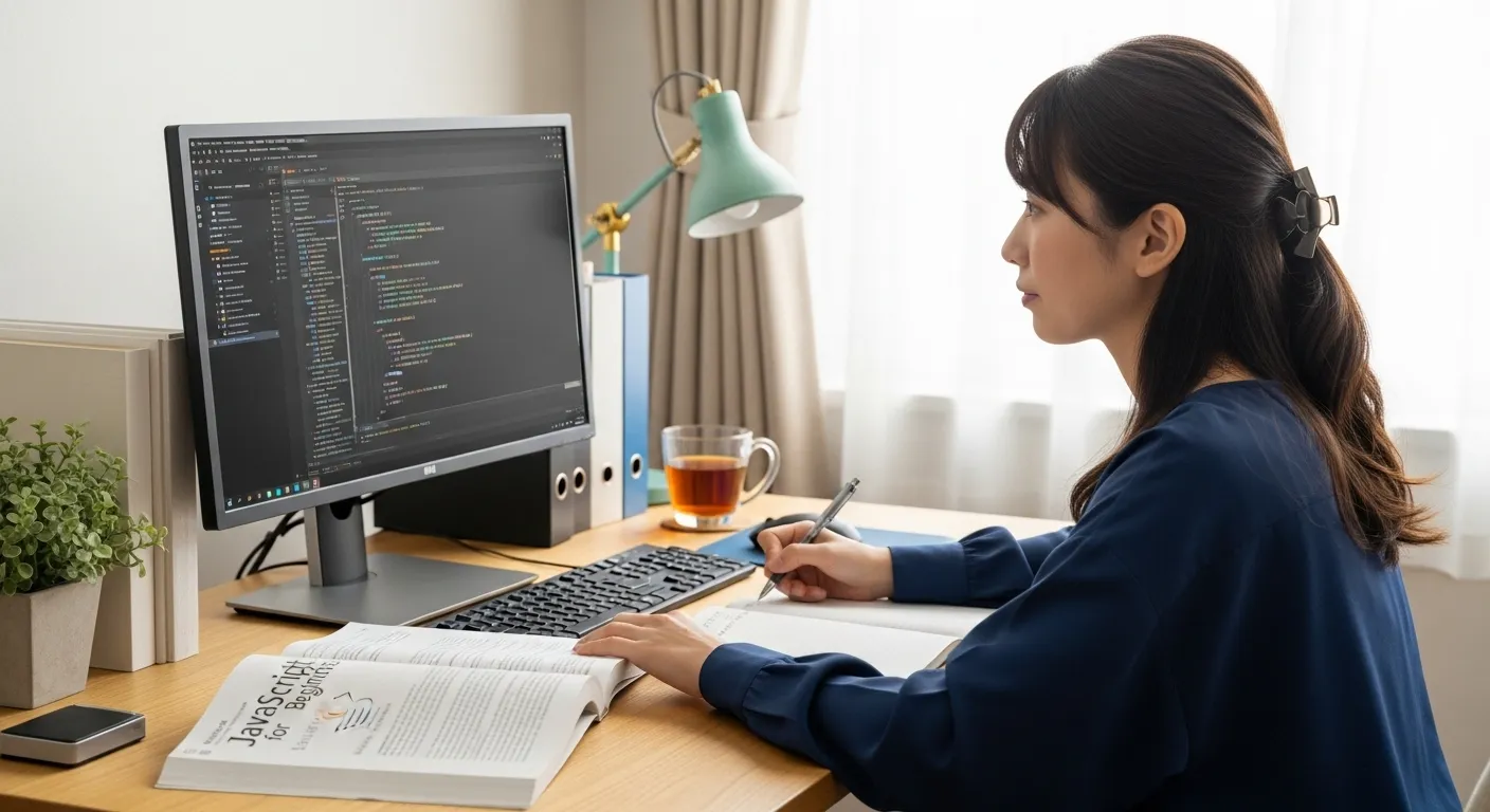 JavaScriptを学習中の20代女性、本を見ながら大切なことをノートに書き留めている