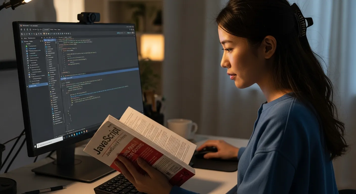 JavaScriptを学習中の20代女性、本を見ながら実際に動かしてみる様子