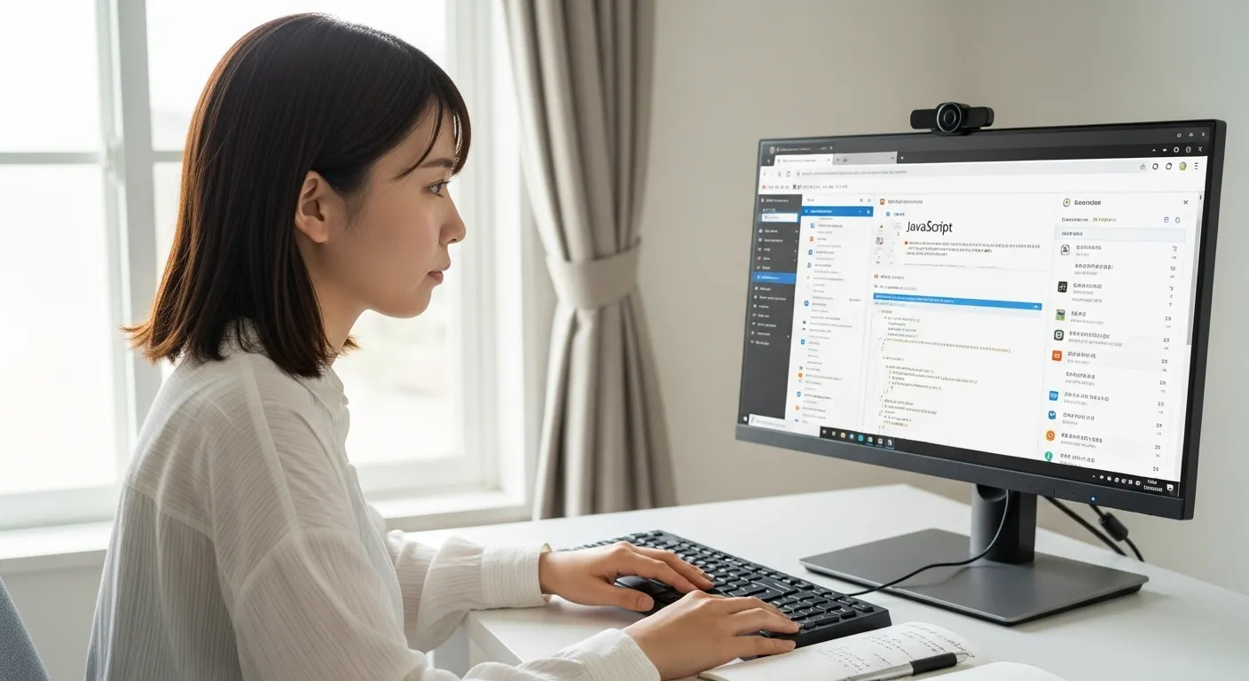 JavaScriptを学習中の20代女性、インターネットで検索中