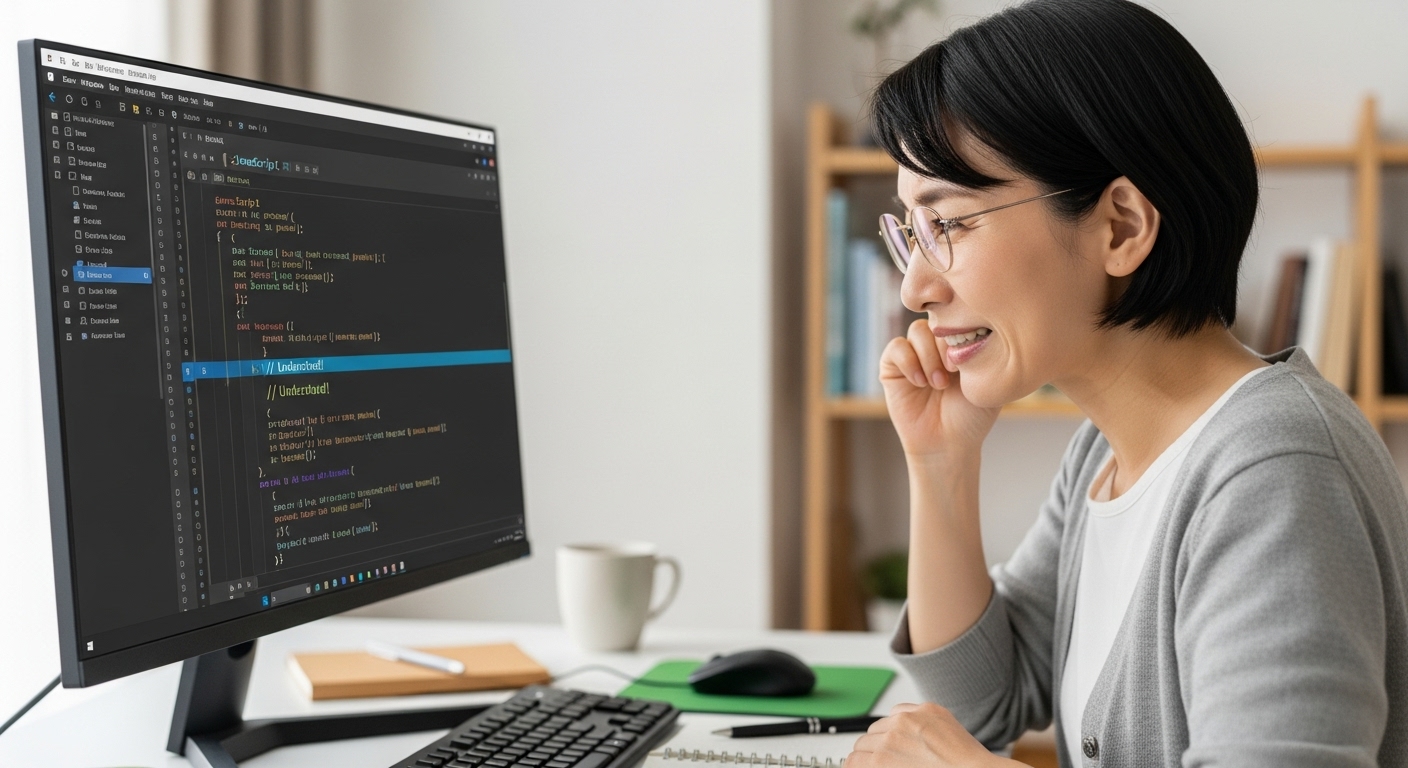 エラー内容が理解できたJavaScriptを学習中の女性