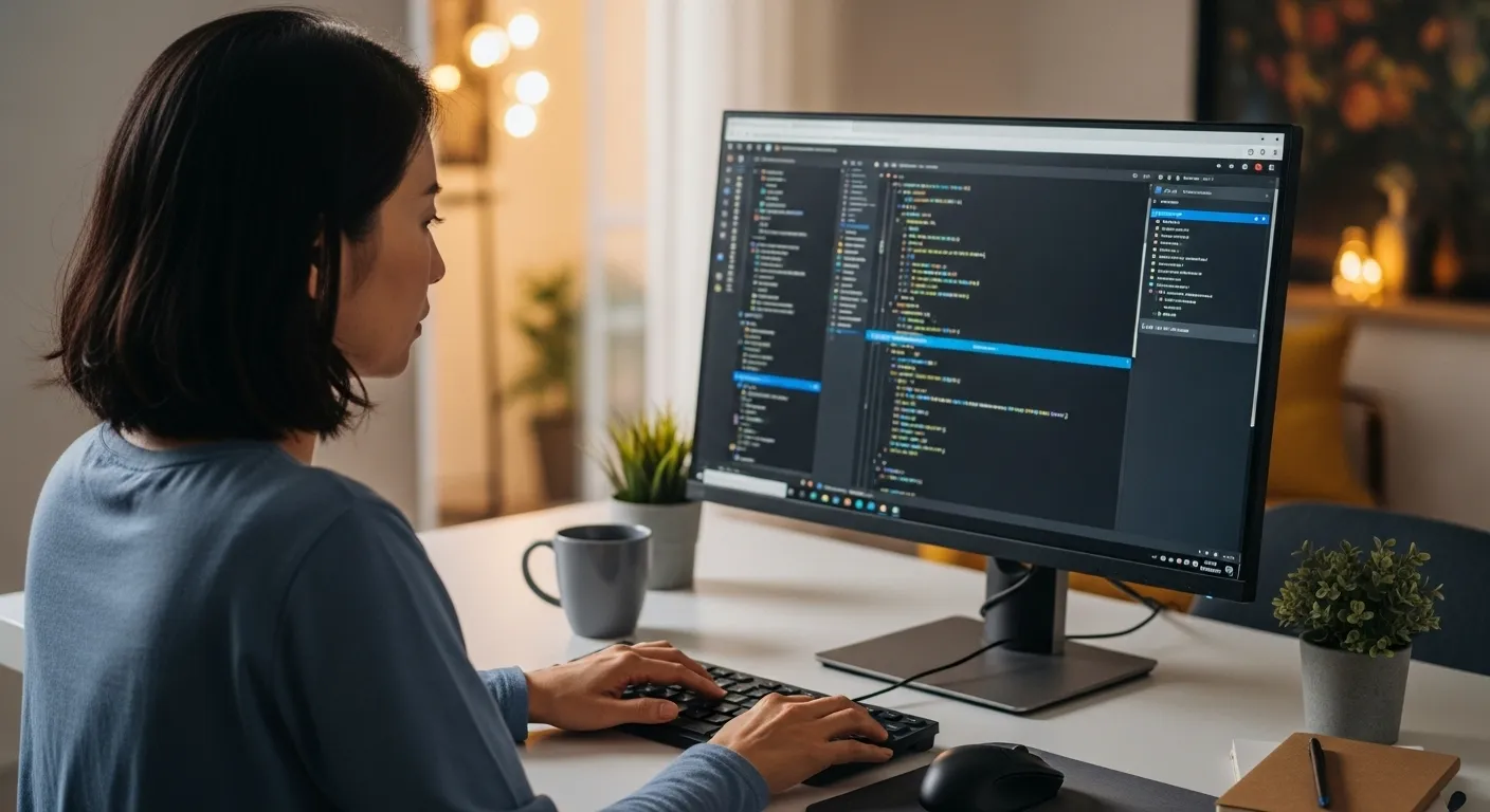 40代女性、パソコン作業中