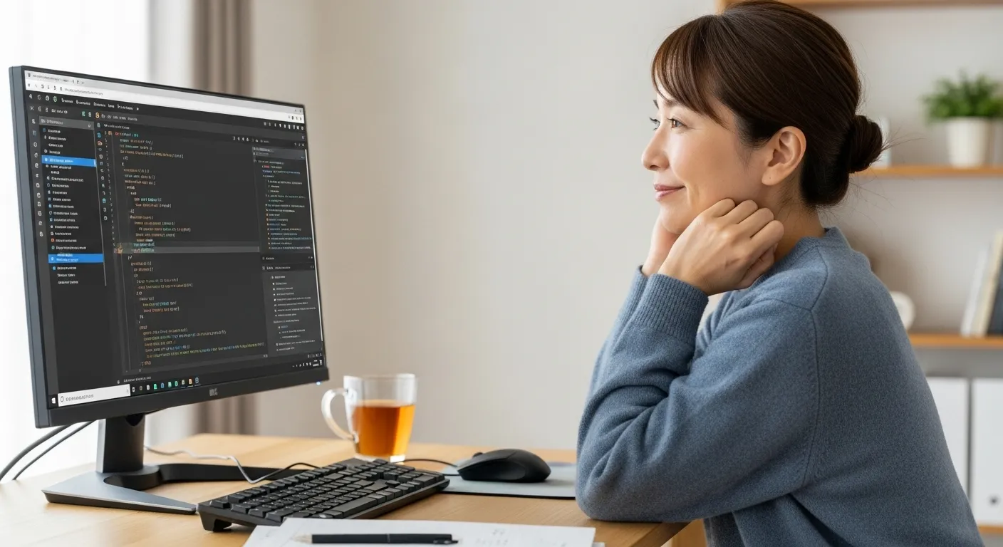 作業終了し、安心した表情の40代コーダー